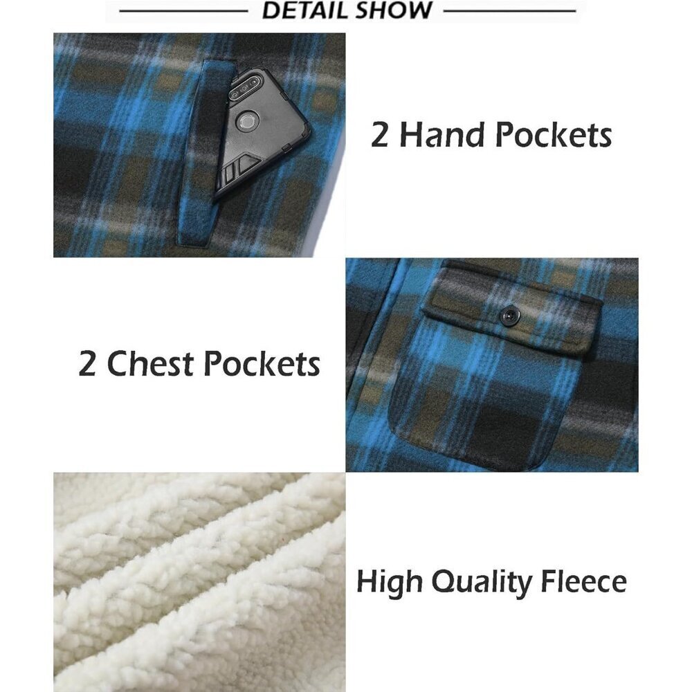Men's Blue Yellow Fleece Sherpa Lined Plaid Jackets Full Zip Up Hoodie Outwear - Picture 4 of 6